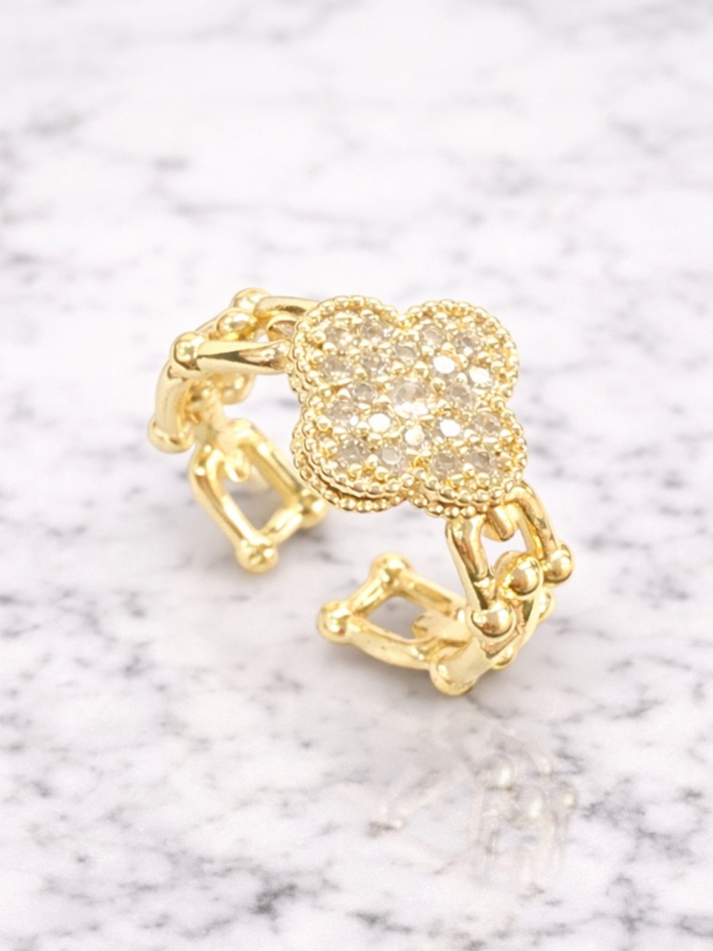 Gold Filled CZ Clover ADJUSTABLE U-link Ring - Women Jewelry